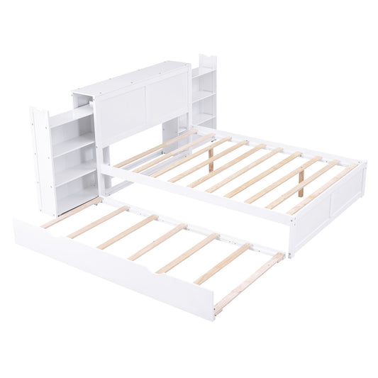 Qualler Full White Wood Trundle Bed Storage with Headboard