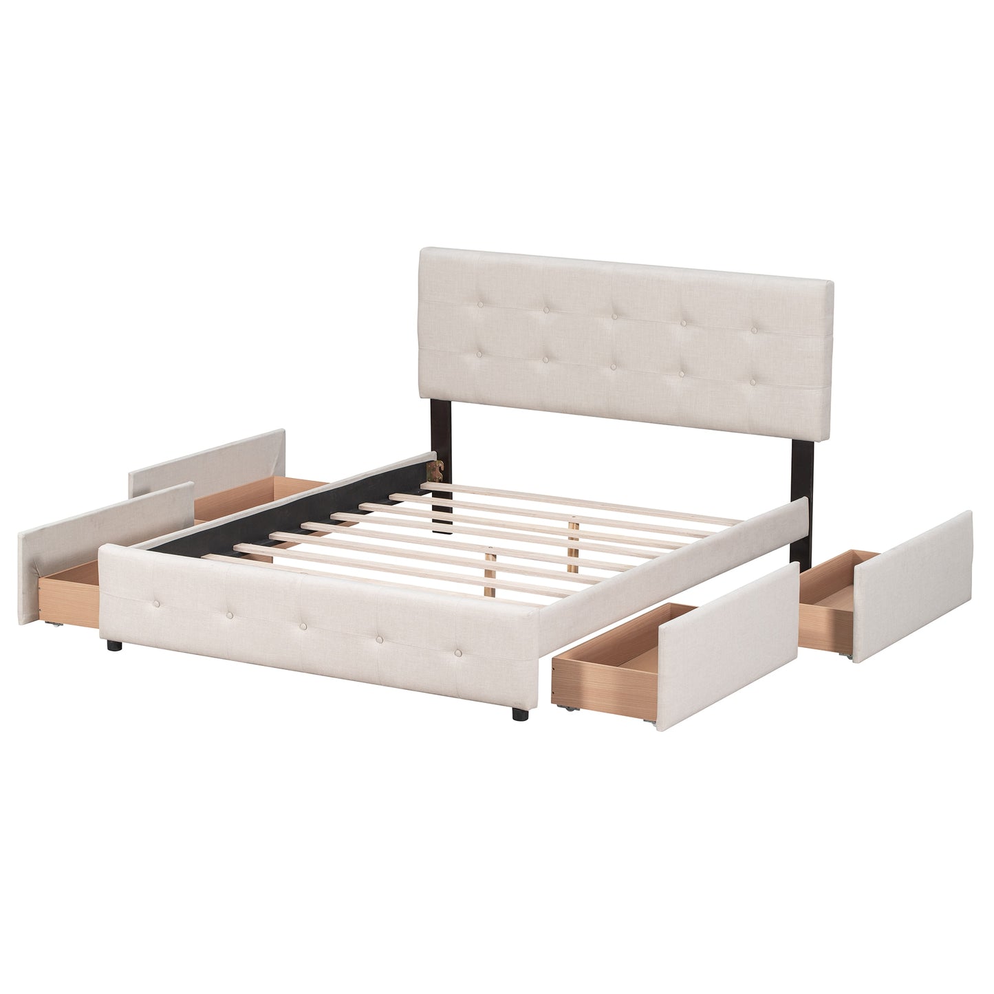 Qualler Queen Beige Tufted Platform Bed Storage with Headboard