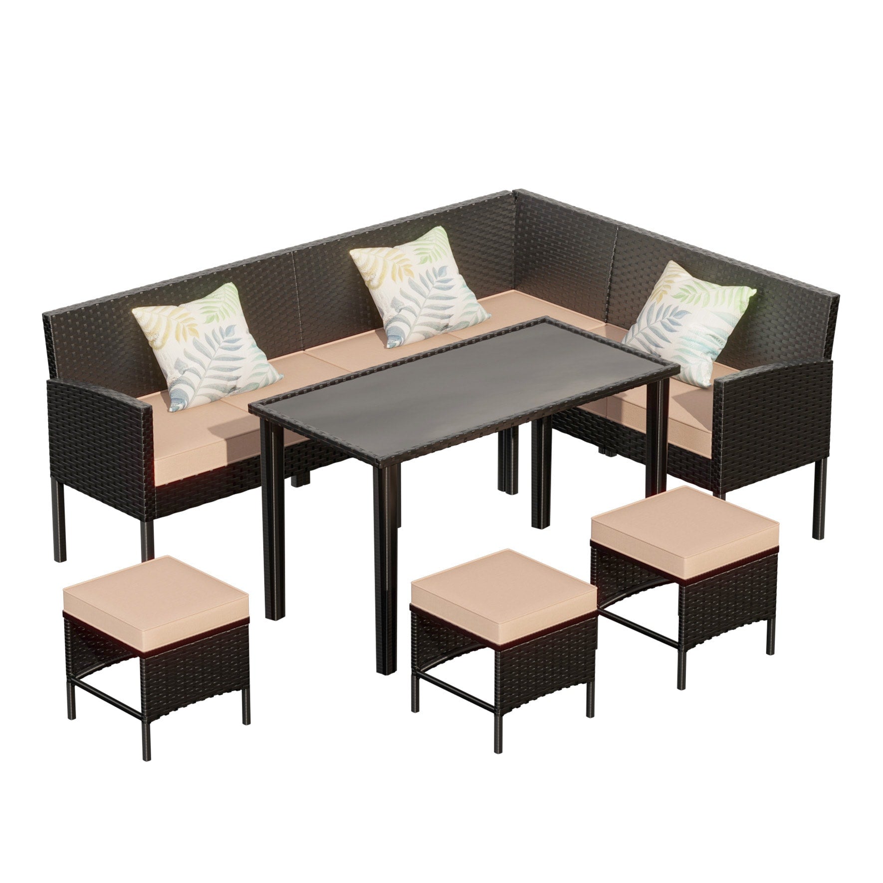 CESICIA Table Set of 3 Teak Steel Frame Stationary Dining Chair with Brown Cushioned Seat