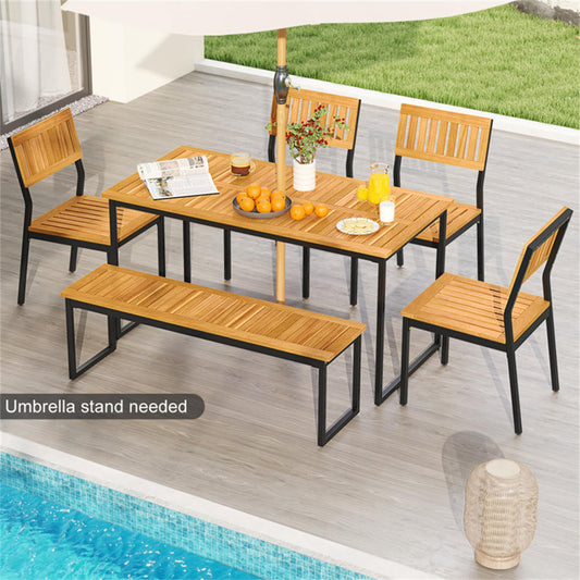 BABOOM Patio Furniture Set 6 -Piece Black Patio Dining Set Wood Rectangle Table with 4 Stationary Chairs