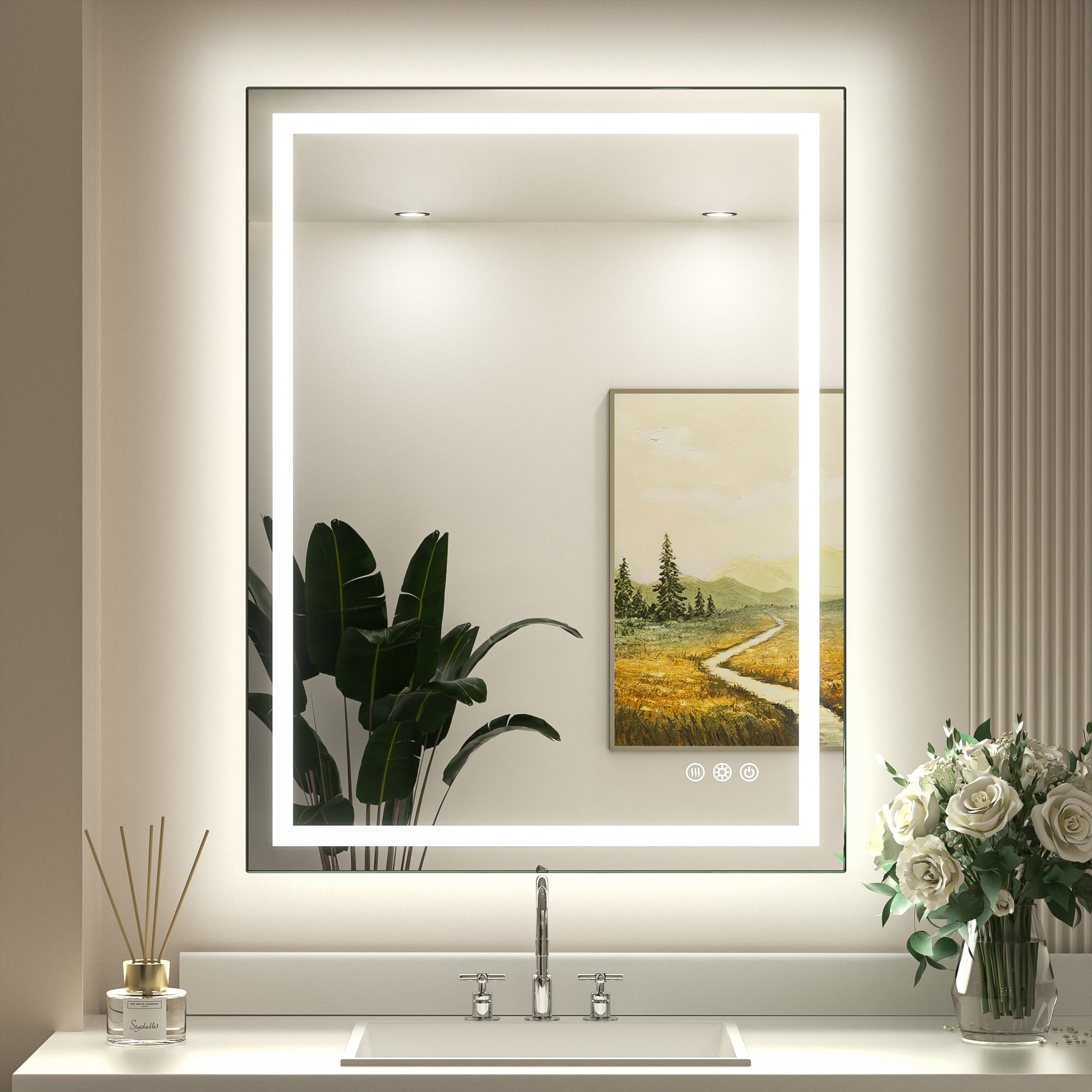 Keonjinn Bathroom Mirrors 28-in x 36-in Polished Frameless Rectangle Dimmable LED Lighted Fog Free Bathroom Vanity Mirror ( Sliver )
