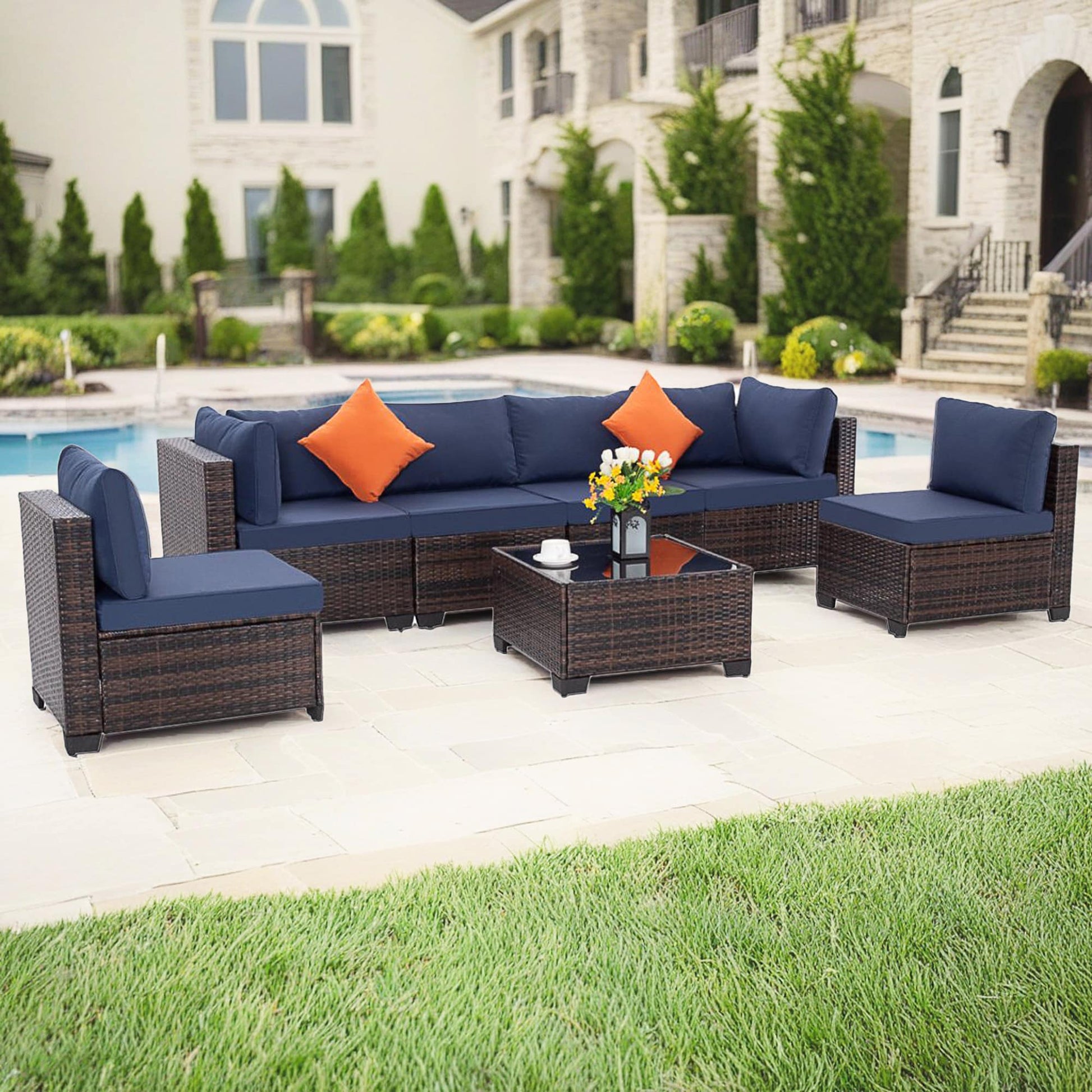 EarlGrove 7 -Piece Wicker Patio Conversation Set with Blue Cushions