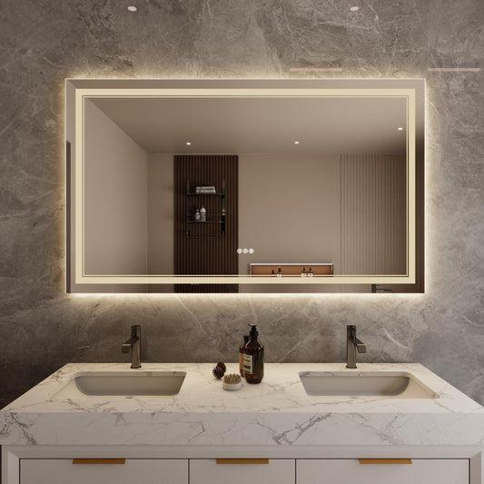 Bayfeve Modern Multifunction LED Bathroom Mirror 60-in x 35.83-in Polished Frameless Rectangle Dimmable LED Lighted Fog Free Bathroom Vanity Mirror ( Silver )