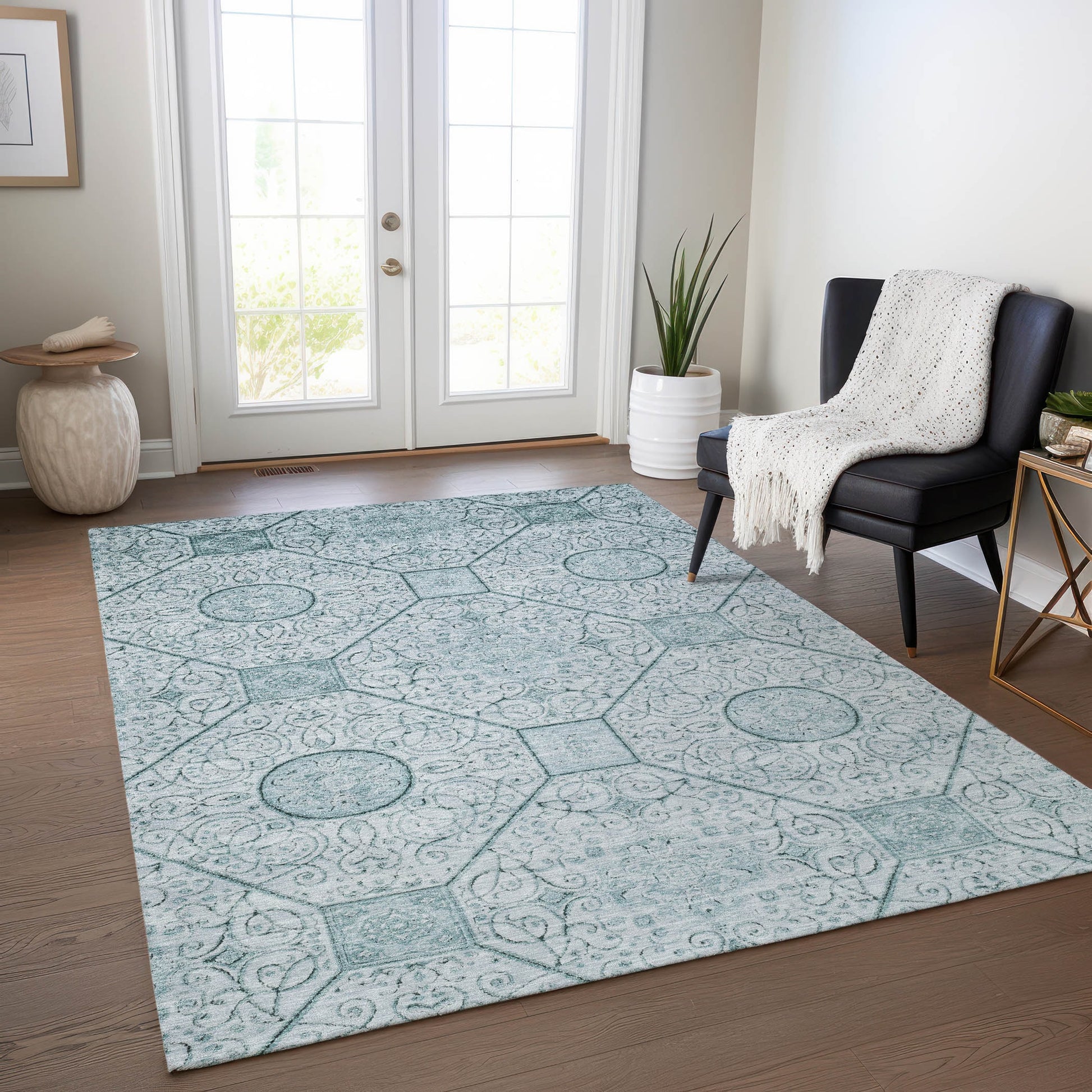 Addison Rugs Chantille ACN1748AQ 9 x 12 (ft) Loomed Polyester Aqua Rectangular Indoor/Outdoor Machine washable Pet Friendly Area rug