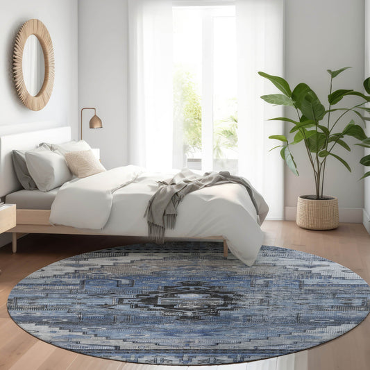 Addison Rugs Chantille ACN1776BU 8 x 8 (ft) Loomed Polyester Blue Round Indoor/Outdoor Machine washable Pet Friendly Area rug