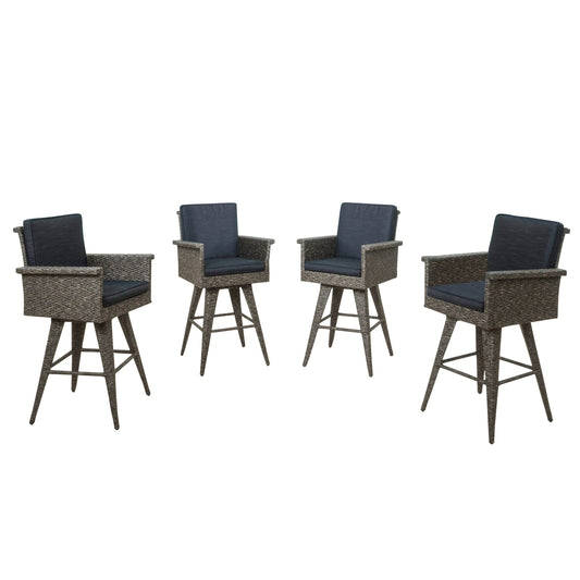 Best Selling Home Decor Puerta Rattan Mixed Black Iron Frame Stationary Bar Stool Chair with Black Cushioned Seat