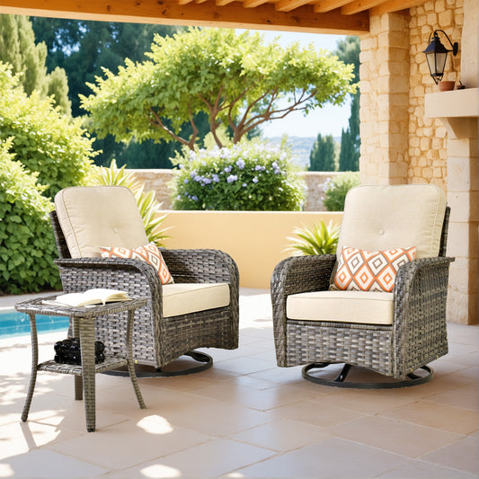 Pouuin Set of 2 Wicker Gray Metal Frame Swivel rocker Rocking Chair with Beige Cushioned Seat