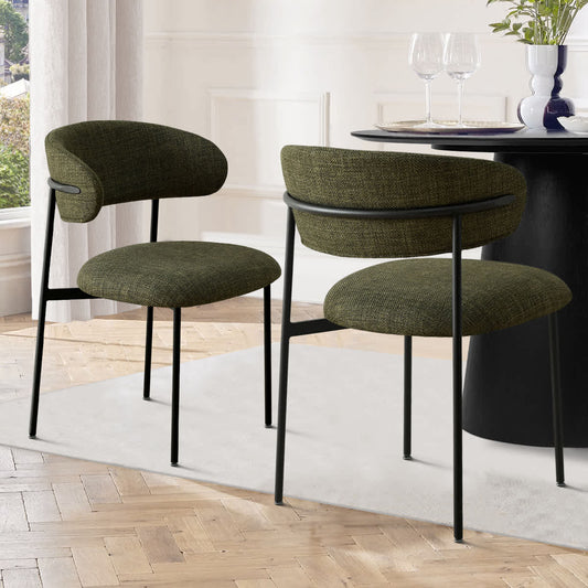 Maison Boucle Set of 2 Olive Green Upholstered Dining Chairs with Curved Open Back and Metal Legs for Kitchen