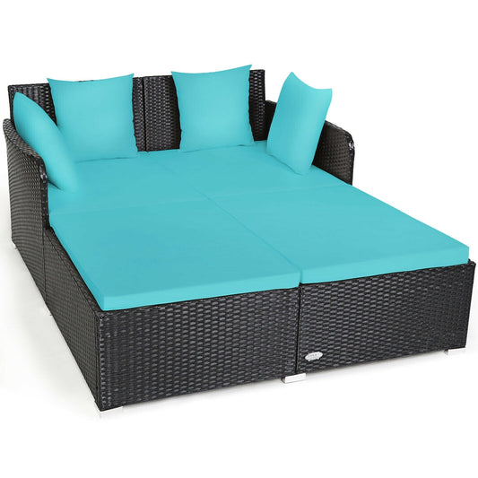 Ayelon Outdoor Rattan Daybed Wicker Outdoor Daybed with Blue Cushions and Iron Frame