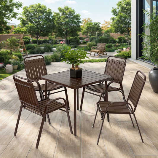 LETILY 5 -Piece Brown Patio Dining Set Steel Square Table with 4 Stationary Chairs