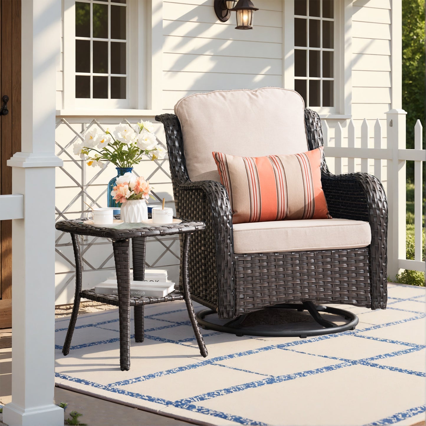 Pouuin Wicker brown Metal Frame Swivel rocker Rocking Chair with Beige Cushioned Seat