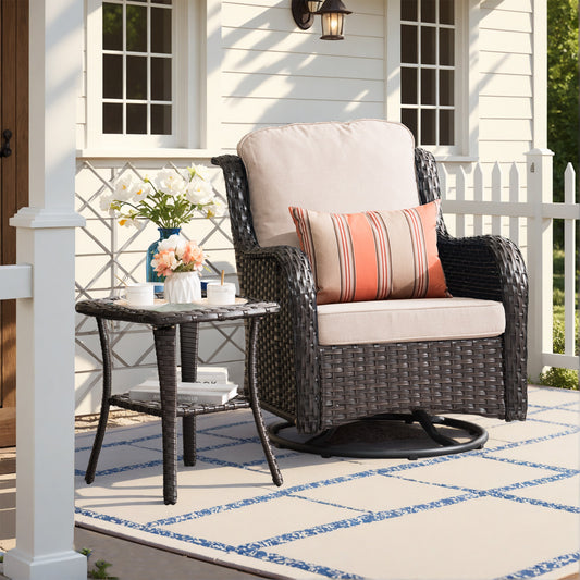 Pouuin Wicker brown Metal Frame Swivel rocker Rocking Chair with Beige Cushioned Seat