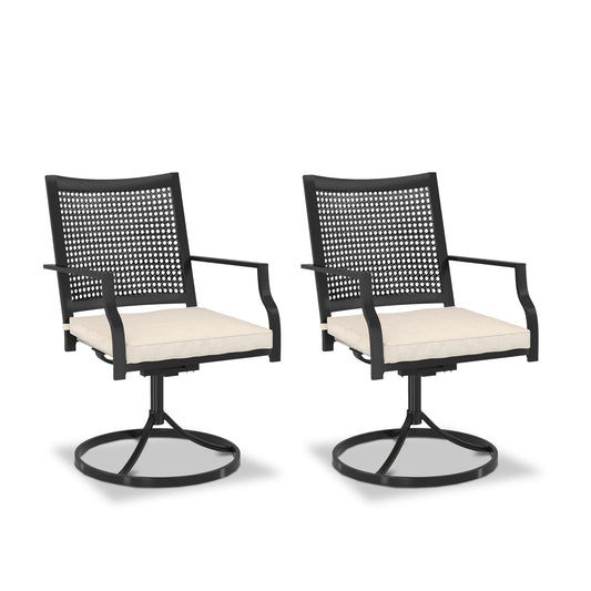 Sumyeg Patio Chairs Set of 2 Woven lron Frame Swivel Dining Chair Set of 2 Woven Black Iron Frame Swivel Dining Chair with Off-white Cushioned Seat