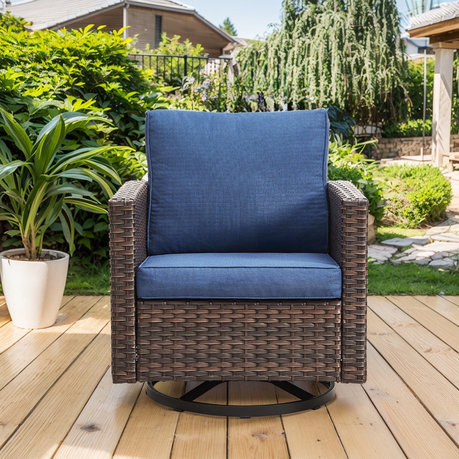 Jeehope PAnorama Series Wicker Brown Steel Frame Swivel glider Conversation Chair with Navy Cushioned Seat