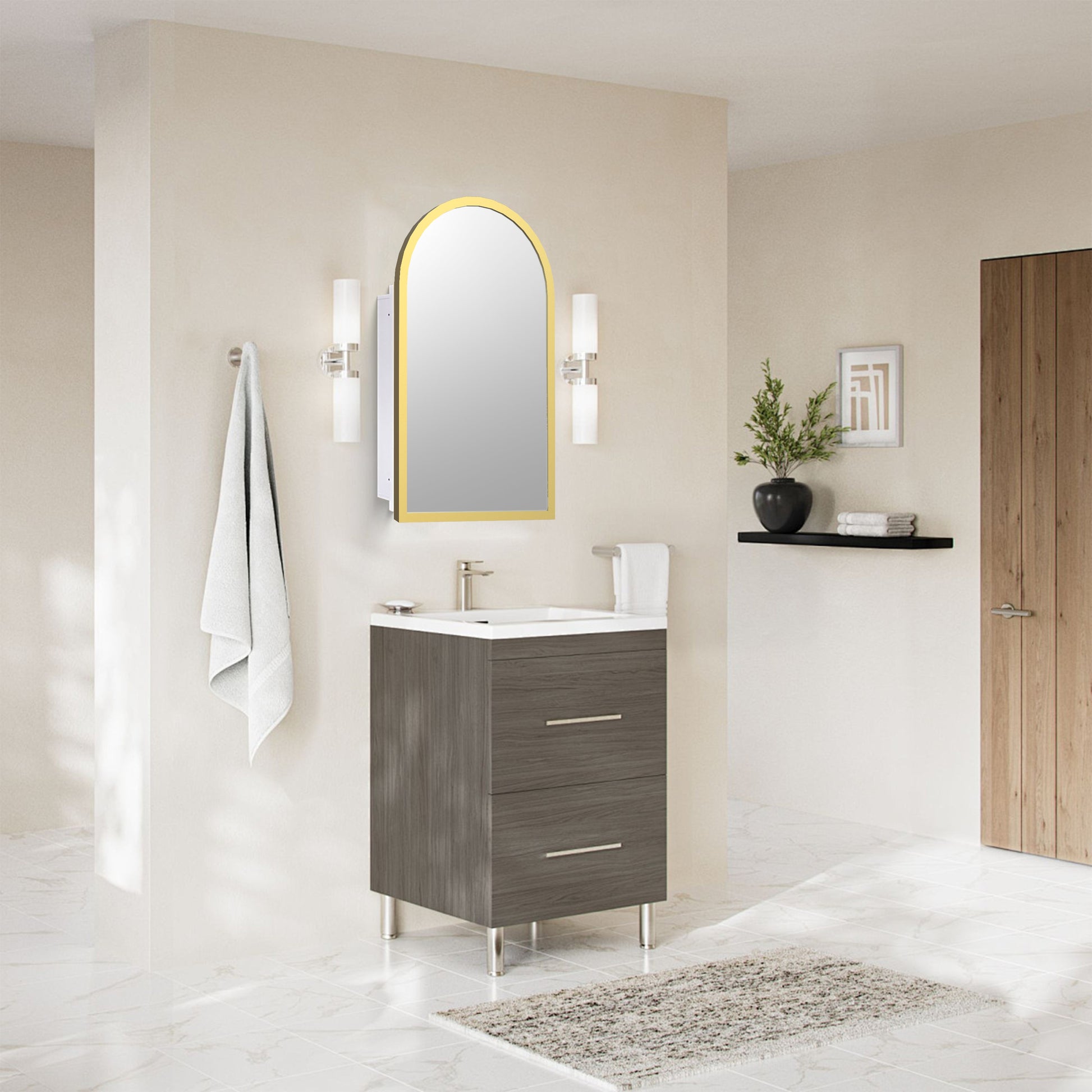 Forclover Medicine Cabinet 16-in x 30-in Surface/Recessed Mount Gold Mirrored Arched Soft Close Medicine Cabinet