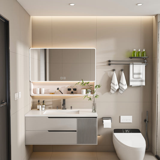 Forclover Medicine Cabinet with Cosmetic Storage Rack 35-in x 28-in Lighted LED Fog Free Surface Mount khaki Mirrored Rectangle Soft Close Medicine Cabinet