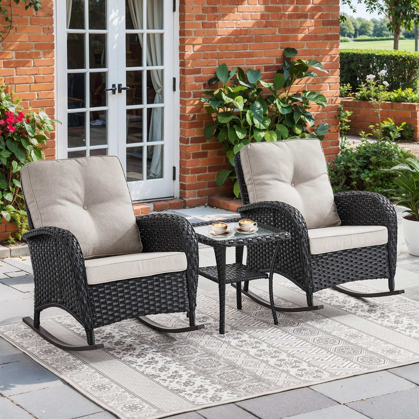 Jeehope PAnorama Series 3 -Piece Wicker Patio Conversation Set with Beige Cushions
