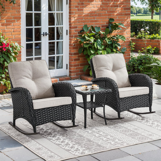 Jeehope PAnorama Series 3 -Piece Wicker Patio Conversation Set with Beige Cushions