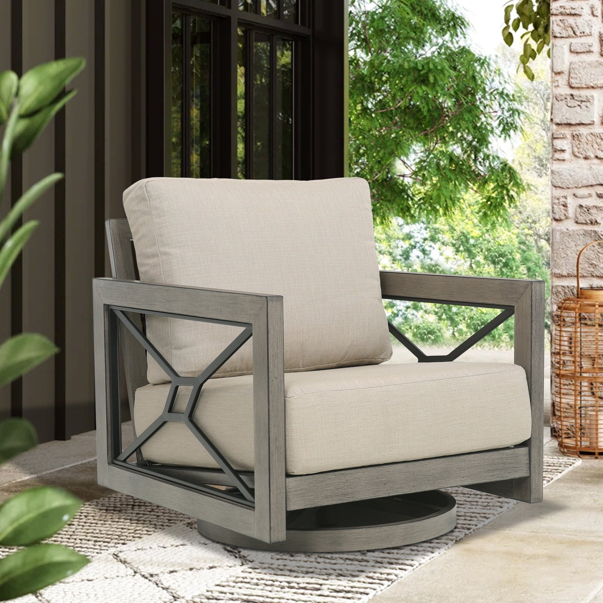 PEAK HOME FURNISHINGS Patio Swivel Chair Outdoor Sofa with Beige Cushions and Aluminum Frame