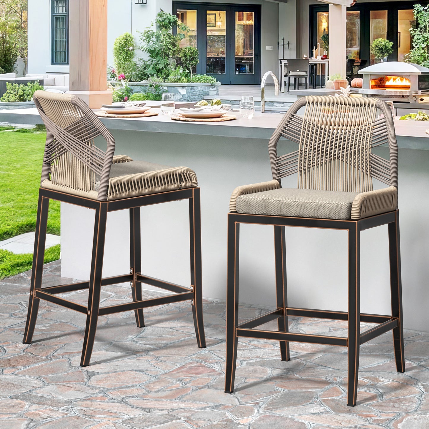 Yurevna Aluminum Patio Bar Set of 2 Wicker Black Aluminum Frame Stationary Bar Stool Chair with Black Cushioned Seat