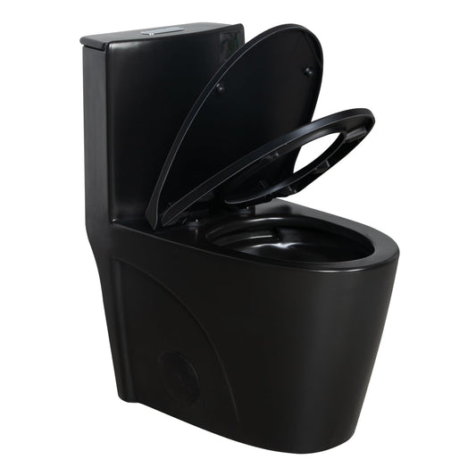 WELLFOR Matte Black Elongated Standard height 12-in Rough-In 1.6 GPF Dual Flush Soft Close 1-piece Toilet