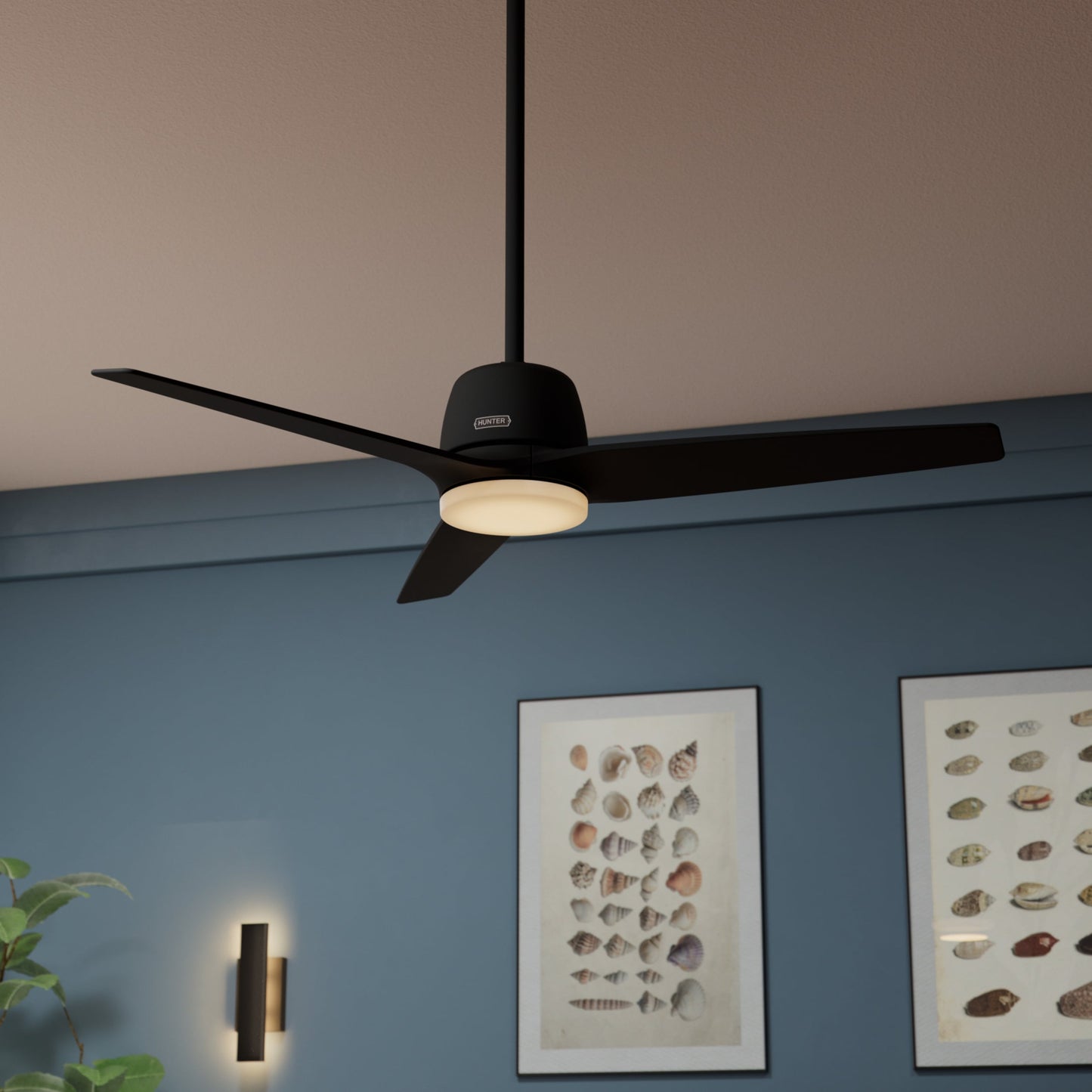 Hunter Malden 52-in Matte Black with Matte Black Blades Integrated LED Ceiling Fan With Light 3 -Blade