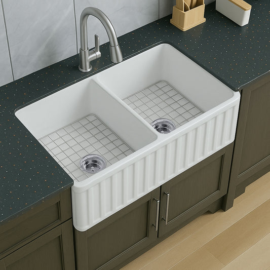 AKDY Fireclay Sink Farmhouse apron front 33-in x 20-in Fireclay Double equal bowl Kitchen Sink