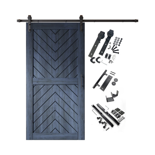 HOMACER 36-in x 80-in Navy Herringbone Pine Wood Solid core Single Barn Door (Hardware Included)