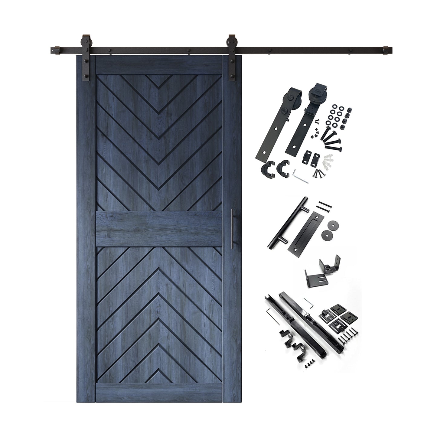 HOMACER 36-in x 84-in Navy Herringbone Pine Wood Solid core Single Barn Door (Hardware Included)
