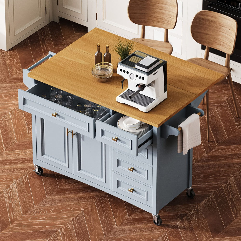 ModernLuxe Blue MDF Base with Wood Wood Top Rolling Kitchen Island ( 29.5-in x 52-in x 36.25-in )