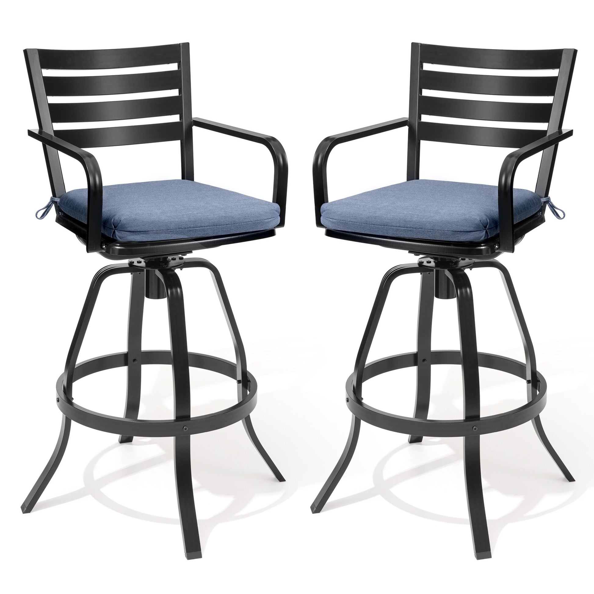 Crestlive Products Patio Sunbrella Cushion bar stools Outdoor bar height stools Set of 2 Black Aluminum Frame Swivel Bar Stool Chair with Blue Cushioned Seat