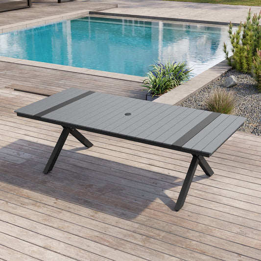 Crestlive Products 94-in Large Patio Plastic-Wood Top Aluminum Frame Rectangle Outdoor Dining Table 40.47-in W x 94.33-in L with Umbrella Hole
