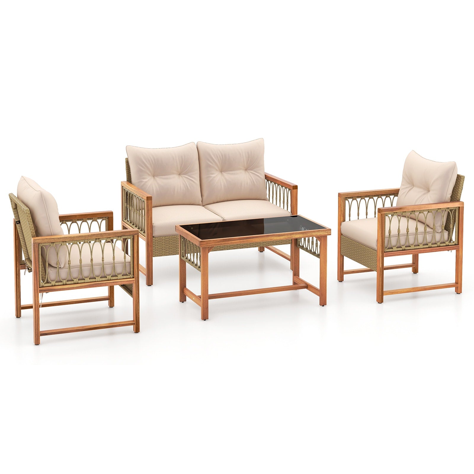 Ayelon 4 -Piece Wicker Patio Conversation Set with Off-white Cushions