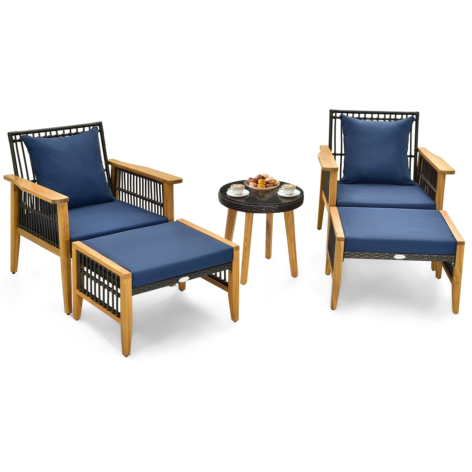 Ayelon 5 -Piece Wicker Patio Conversation Set with Navy Cushions