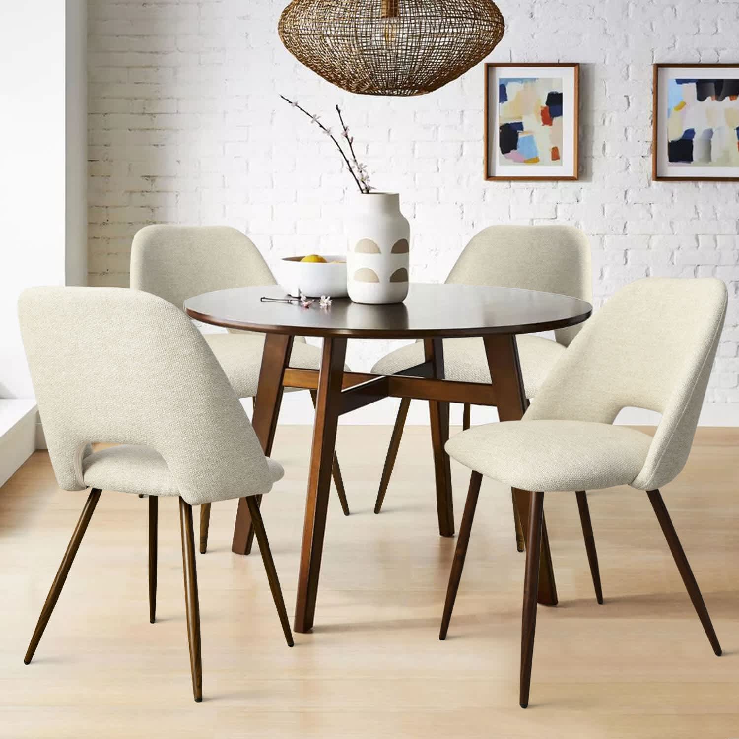 Maison Boucle Set of 4 Modern Beige Upholstered Dining Chairs with Curved Back and Walnut Metal Legs for Kitchen