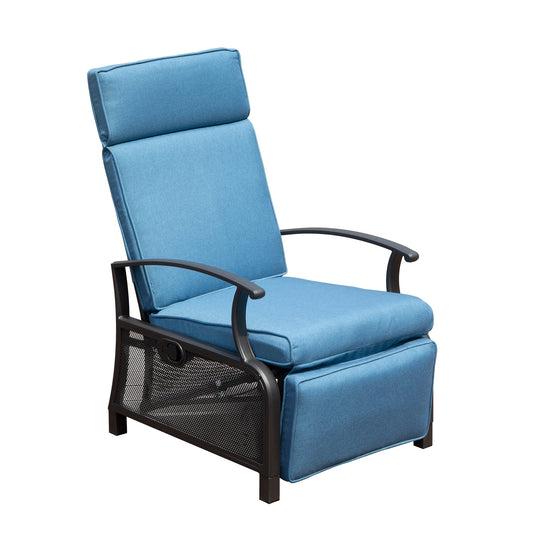 Clihome Adjustable Metal Patio Recliner Chair Blue Stationary Recliner Chair with Blue Cushioned Seat