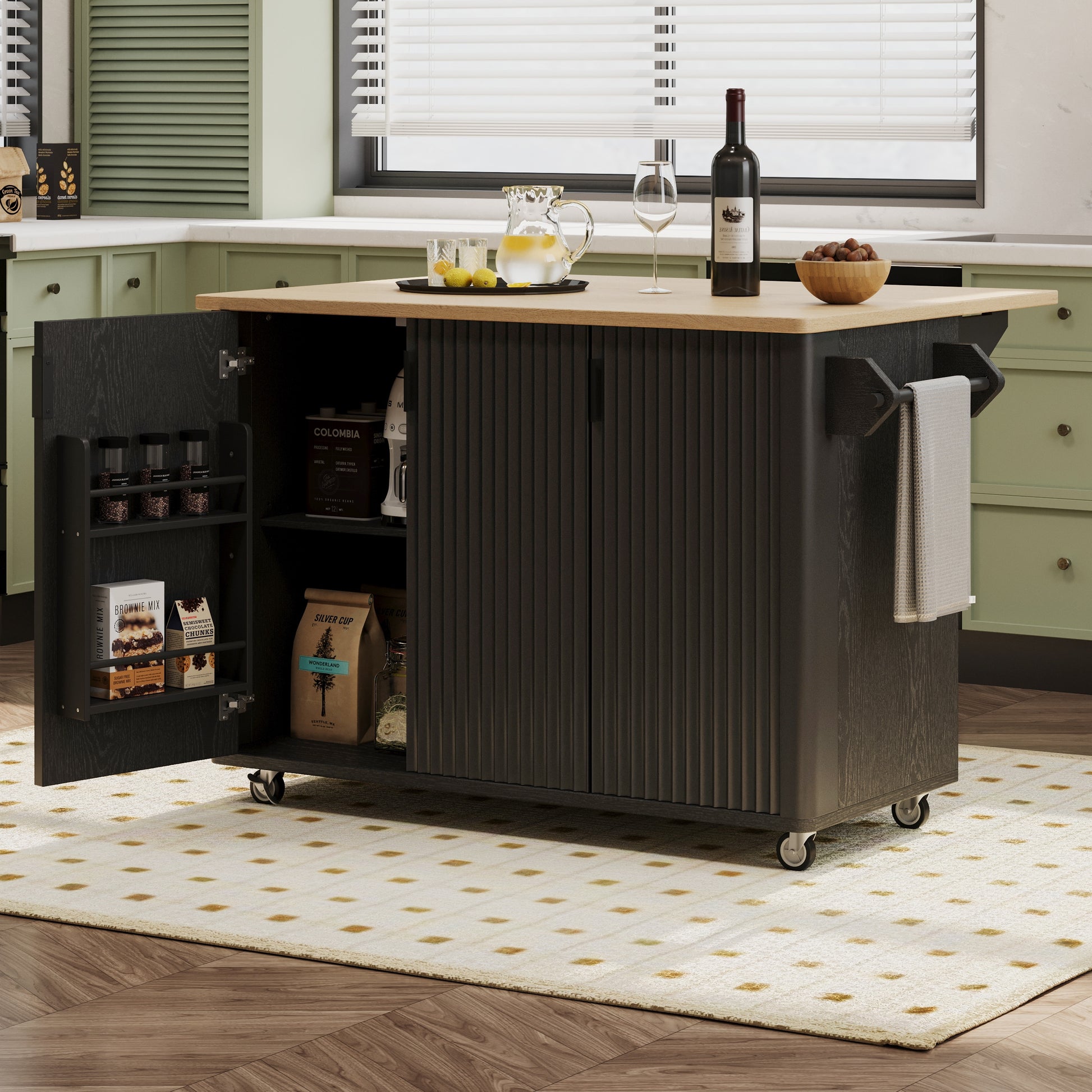 ModernLuxe Black MDF Base with Wood Wood Top Rolling Kitchen Island ( 29.5-in x 51.3-in x 36.4-in )