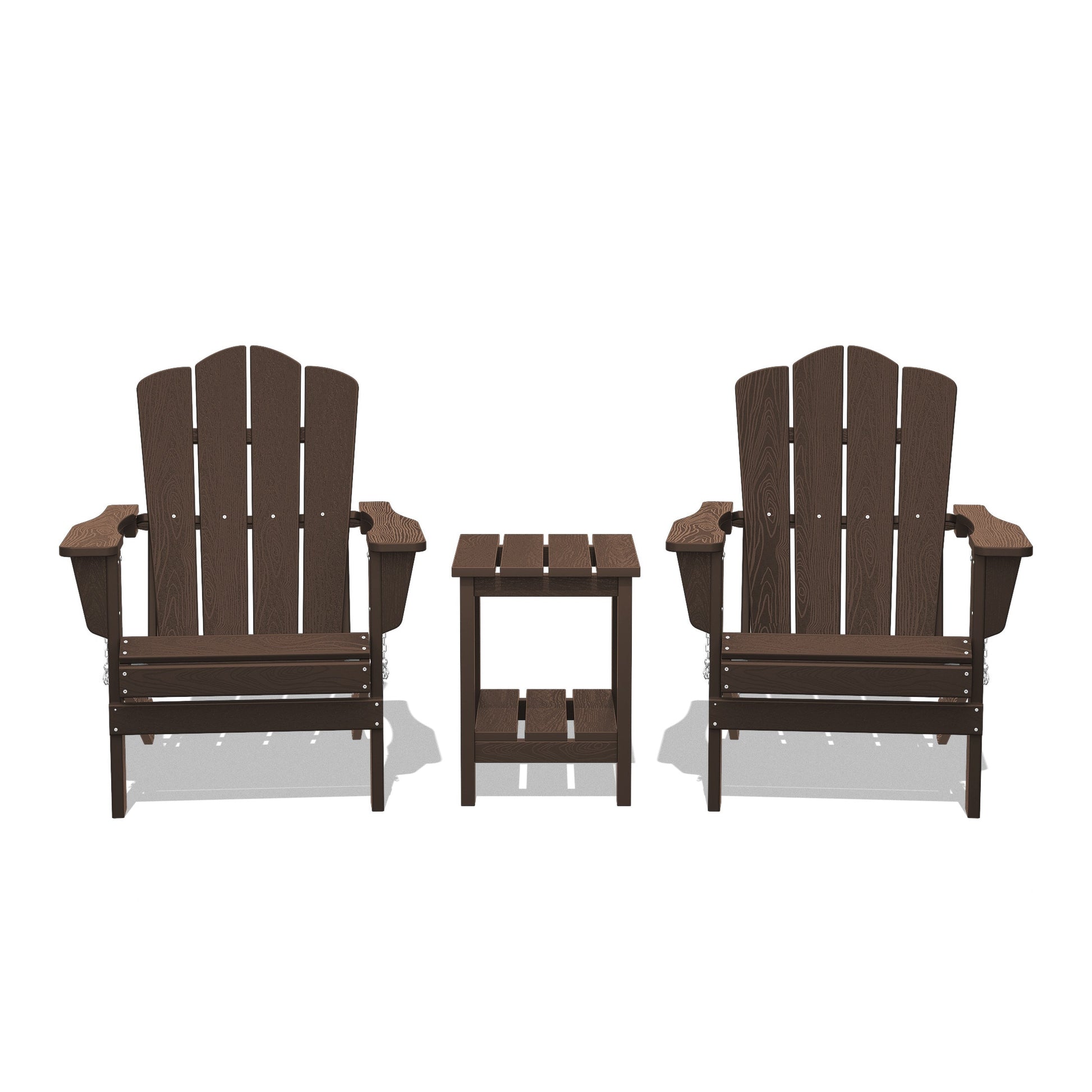 JEAREY Patio Folding Adirondack Chair Set of 2 with a Side Table Set of 2 Stackable Coffee HDPE Frame Stationary Adirondack Chair with Slat Seat