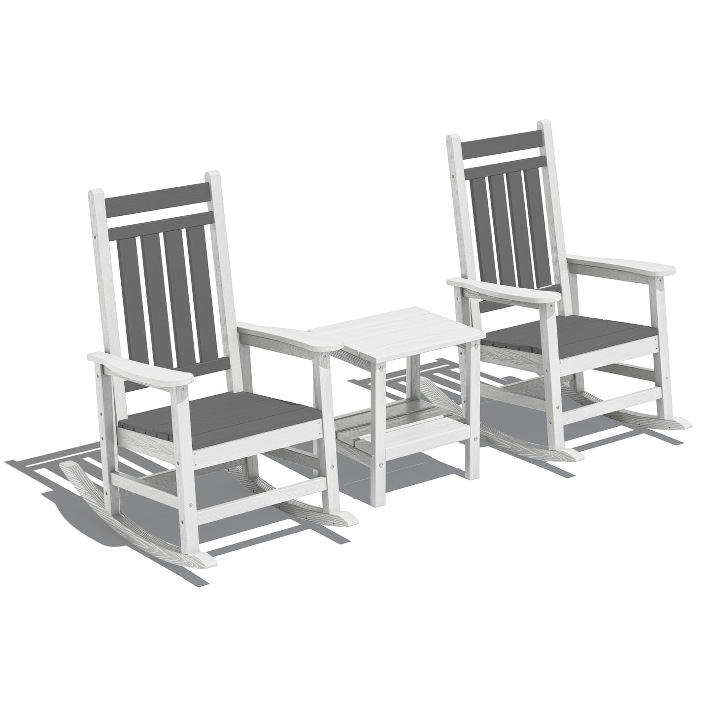 JEAREY HDPE High-back Rocking Chair Set of 2 with a Table Gray/White HDPE Frame Rocking Chair with Slat Seat