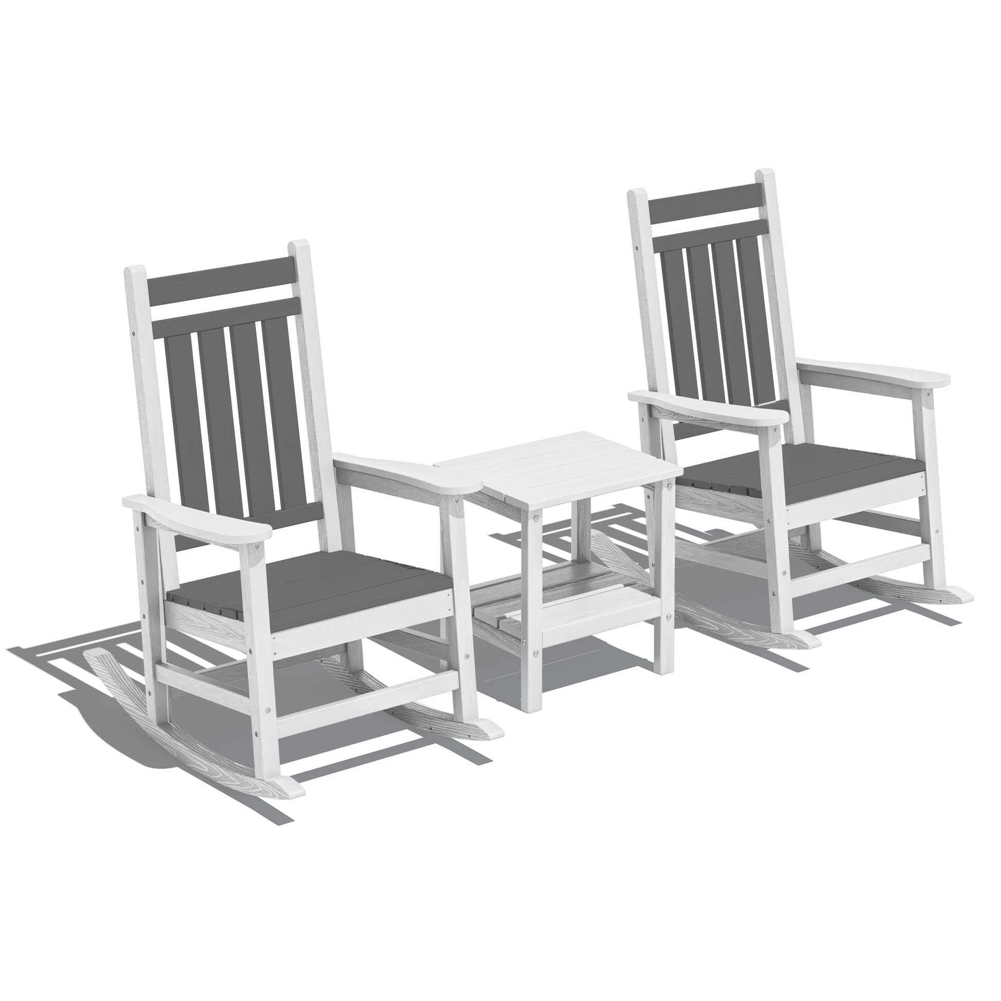 JEAREY HDPE High-back Rocking Chair Set of 2 with a Table Gray/White HDPE Frame Rocking Chair with Slat Seat