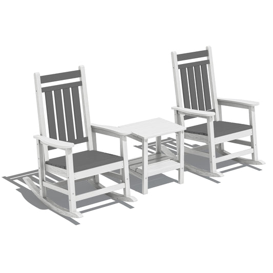 JEAREY HDPE High-back Rocking Chair Set of 2 with a Table Gray/White HDPE Frame Rocking Chair with Slat Seat