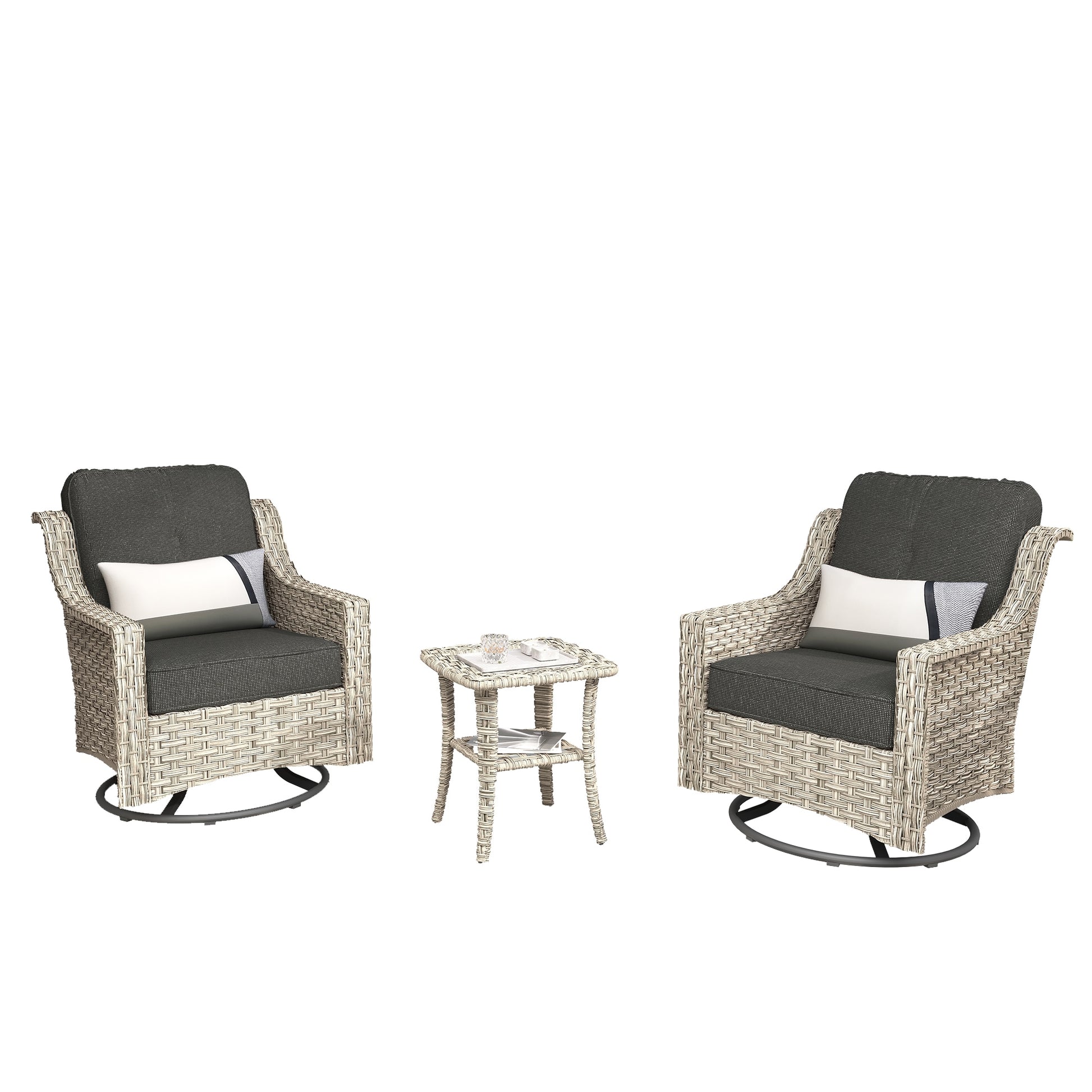 weaxty Aireno Set of 2 Wicker Black Steel Frame Swivel rocker Conversation Chair with Black Cushioned Seat