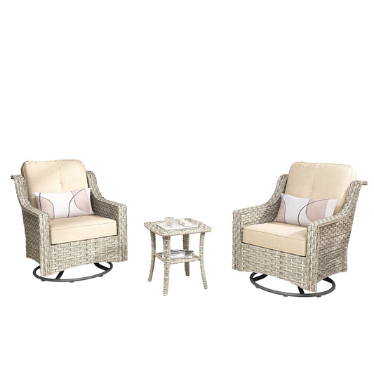 weaxty Aireno Set of 2 Wicker Black Steel Frame Swivel rocker Conversation Chair with Off-white Cushioned Seat