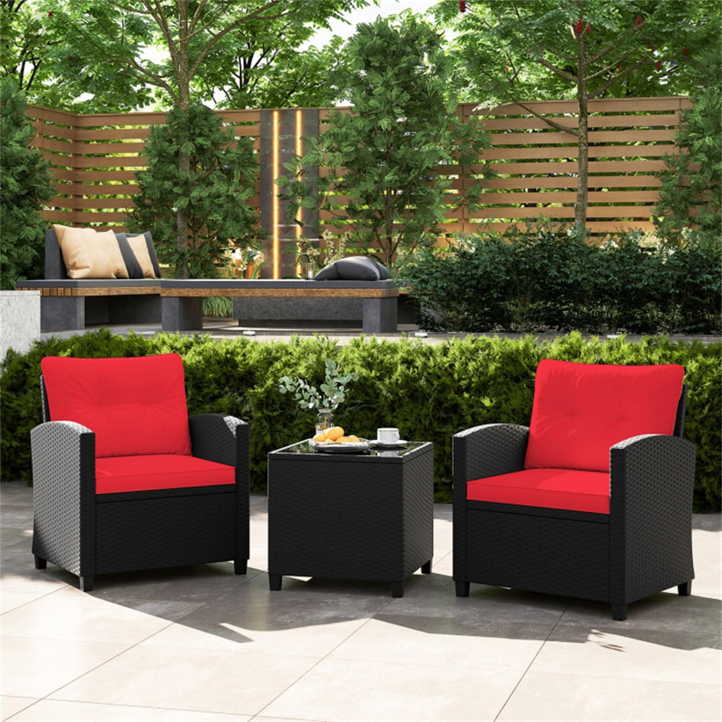 BABOOM 3 -Piece Rattan Patio Conversation Set with Red Cushions