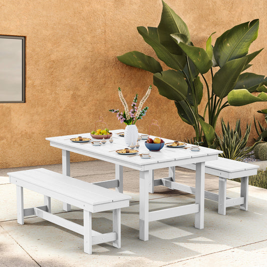 JEAREY Table with Umbrella Hole and Two 2-Person Benches 3 -Piece White Patio Dining Set Plastic Rectangle Table with 2 Stationary Chairs