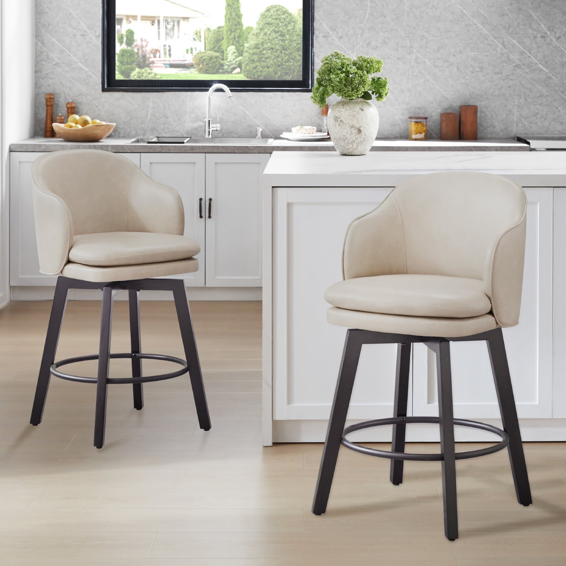 Circle 55 Beige 26-in H Counter height Upholstered Swivel Wood Bar Stool 2 -Pack