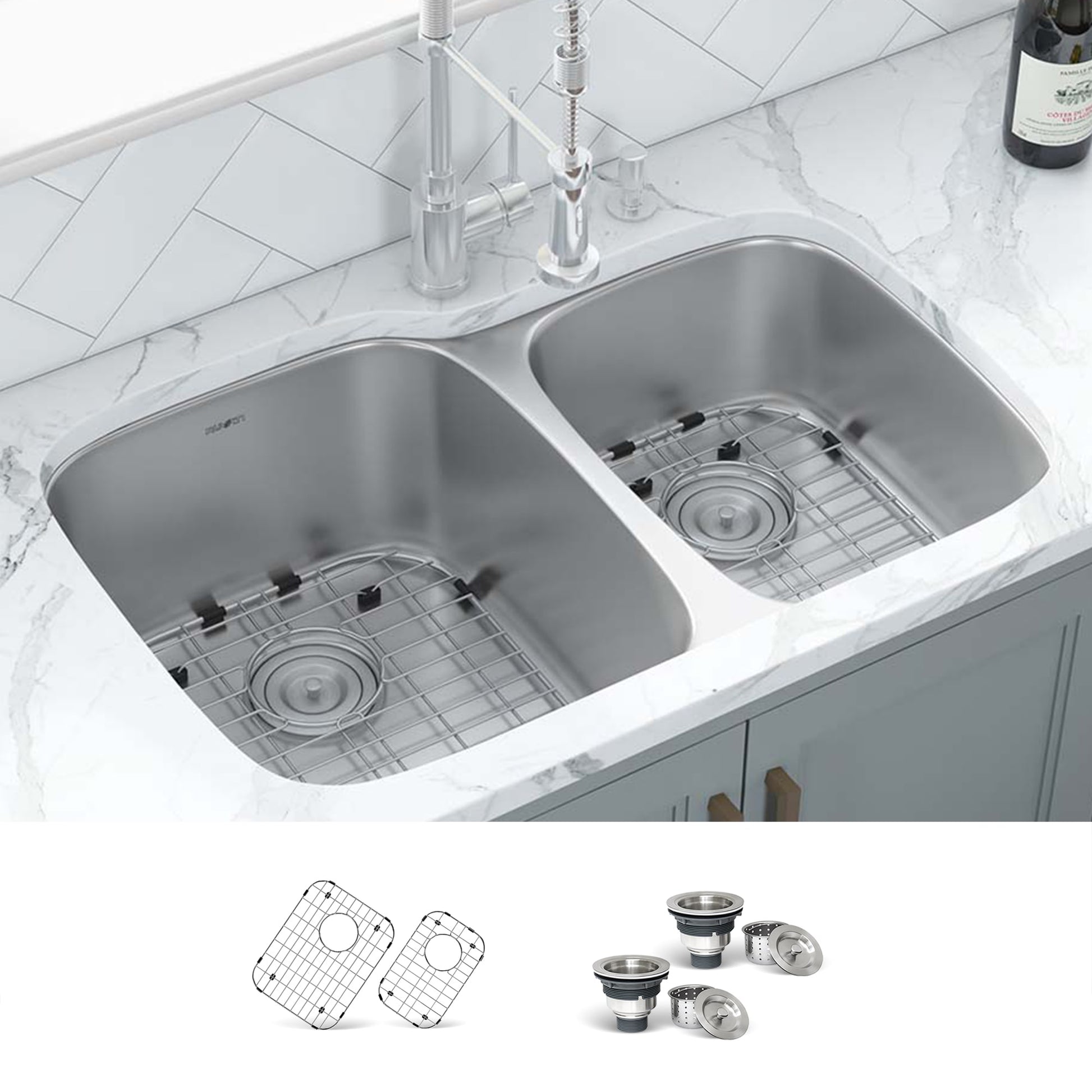 Ruvati Parmi Undermount 32-in x 20.75-in Stainless steel Double offset bowl 16 -Gauge Kitchen Sink