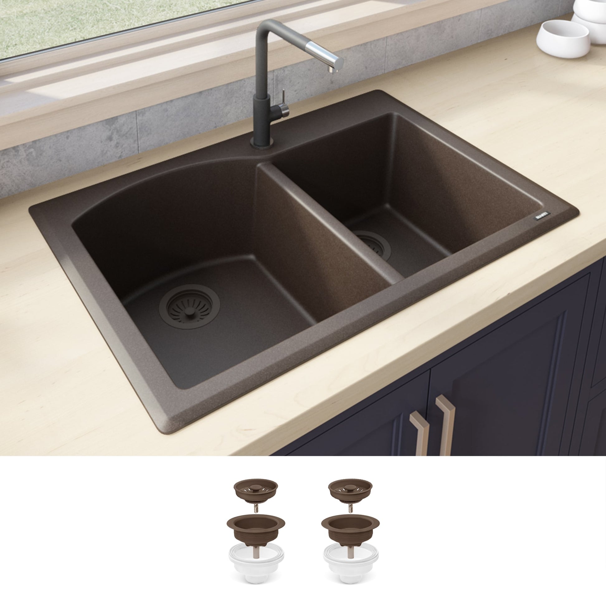 Ruvati epiGranite Drop-in or undermount 33-in x 22-in Granite Double offset bowl Kitchen Sink