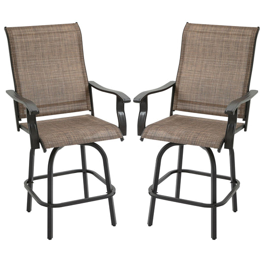 Bayfeve Set of 2 Outdoor Swivel Bar Stools Set of 2 Black Metal Frame Swivel Bar Stool Chair with Brown Sling Seat