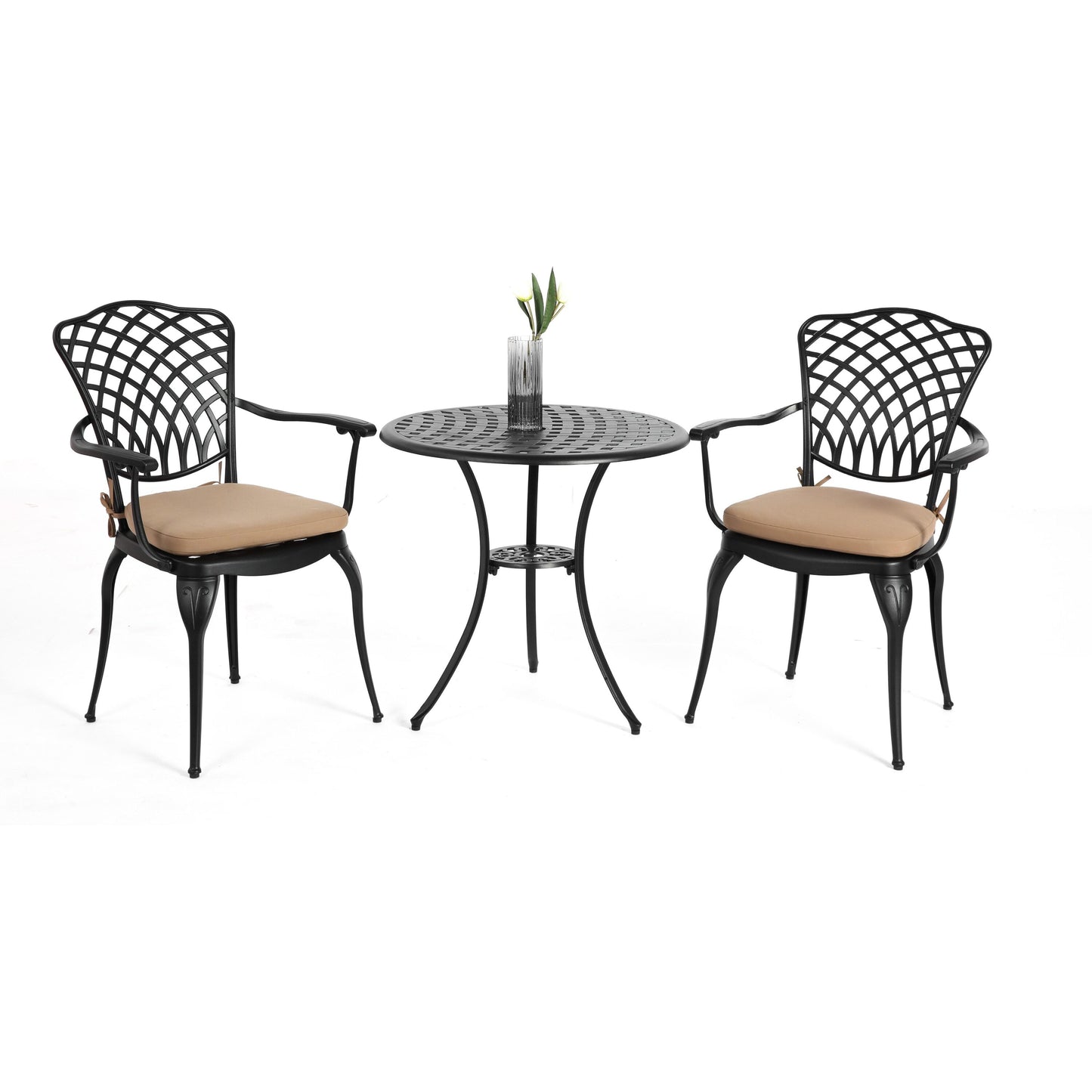 Bayfeve 3 Piece Cast Aluminum Patio Bistro Sets 3 -Piece Black Bistro Patio Dining Set Aluminum Round Table with 2 Brown Cushions Stationary Chairs
